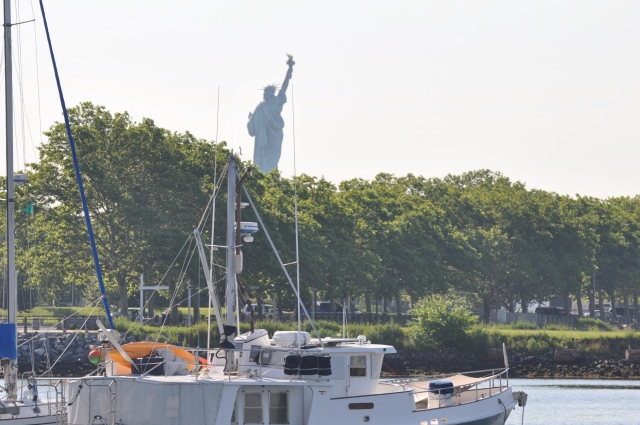 The Statue of Liberty from our anchorage.  Note the anchored trawler, "Emily Grace" in the foreground.